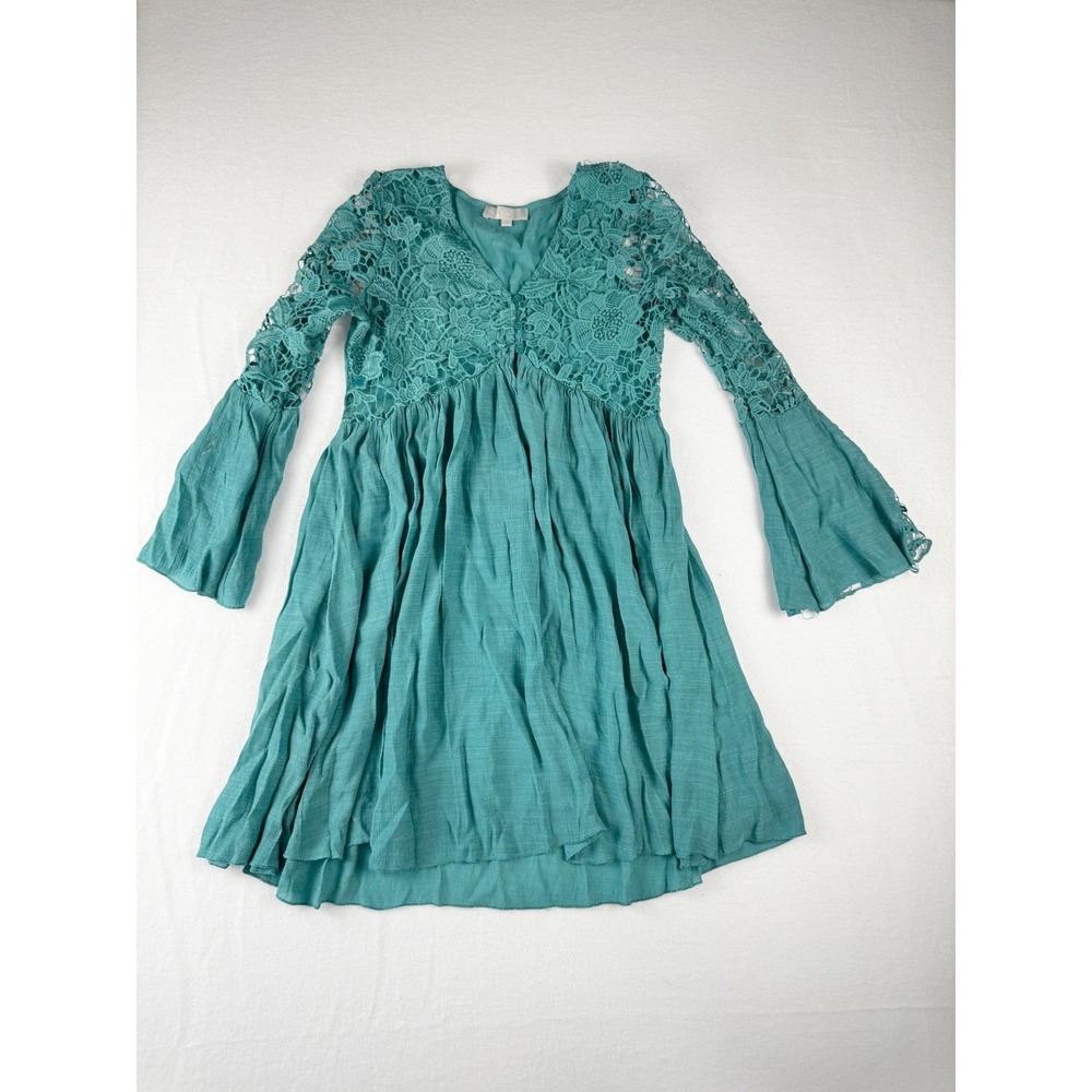 J GEE Womens Teal Floral Crochet Lace Bell Sleeve Boho Babydoll Mini Dress Small